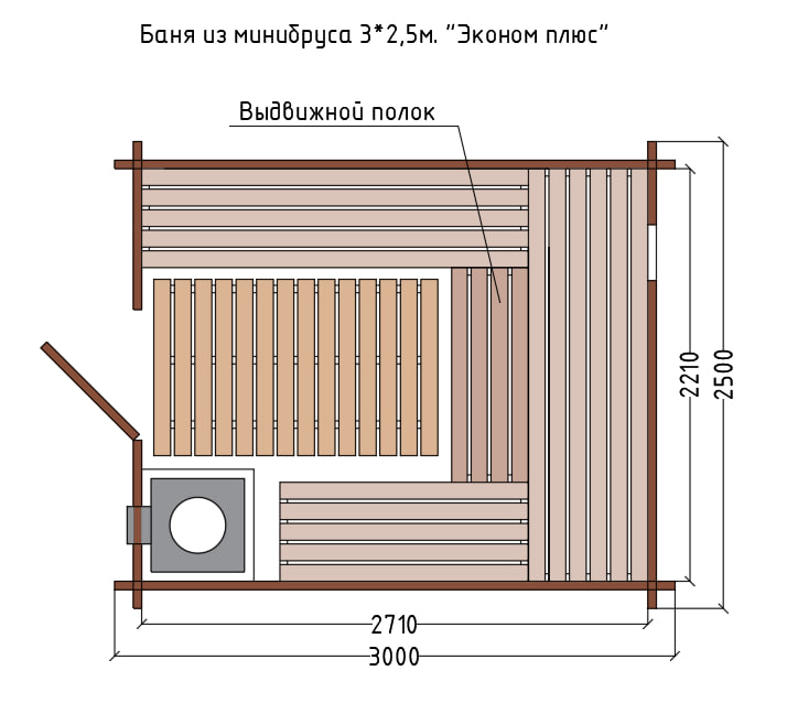 Схема планировки бани из минибруса 3×2,5 м «Эконом плюс»